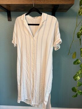 White Fawn Striped Midi Shirt Dress Medium Coastal Beach Vacation Minimalist  by